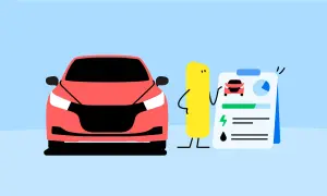 A red car and a yellow character stand next to a clipboard with car efficiency data.