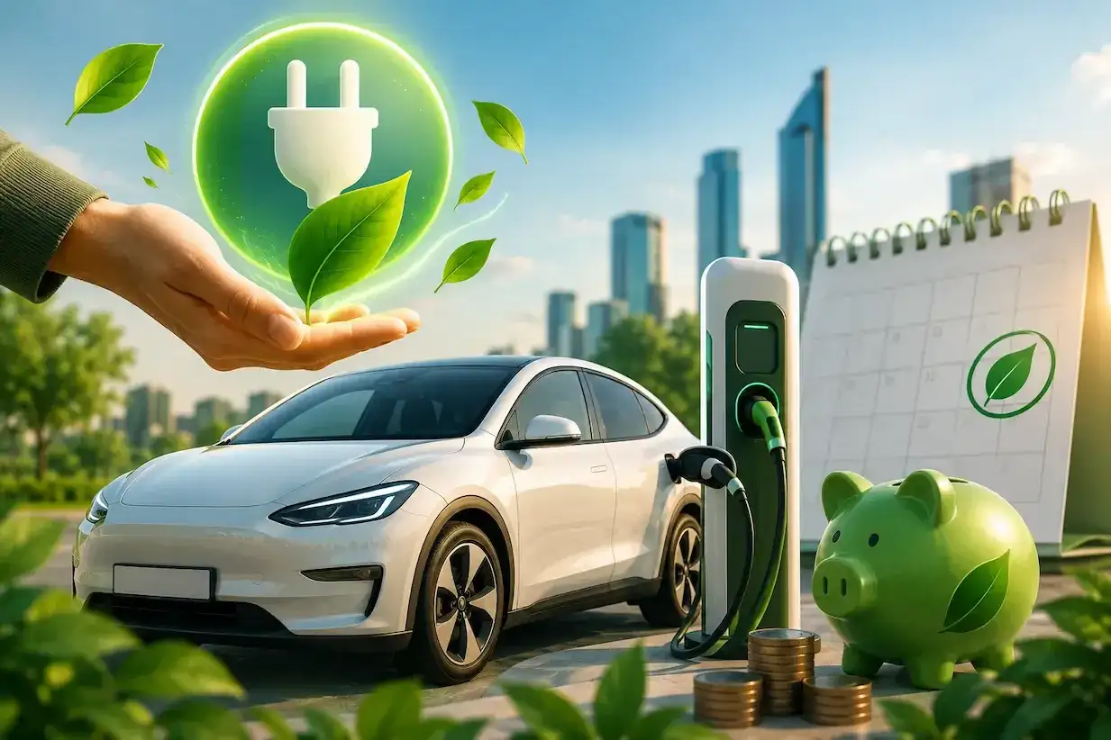 Auto elettrica bianca in carica, con salvadanaio e calendario, simboleggia il futuro sostenibile e i **bonus auto elettriche**.