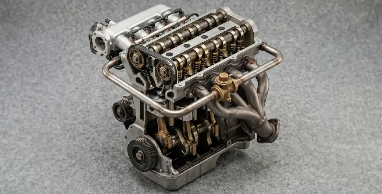 Motore a benzina con distribuzione a cinghia e valvole a vista. L'olio motore ACEA C3, significato di alta qualità, protegge questi componenti.